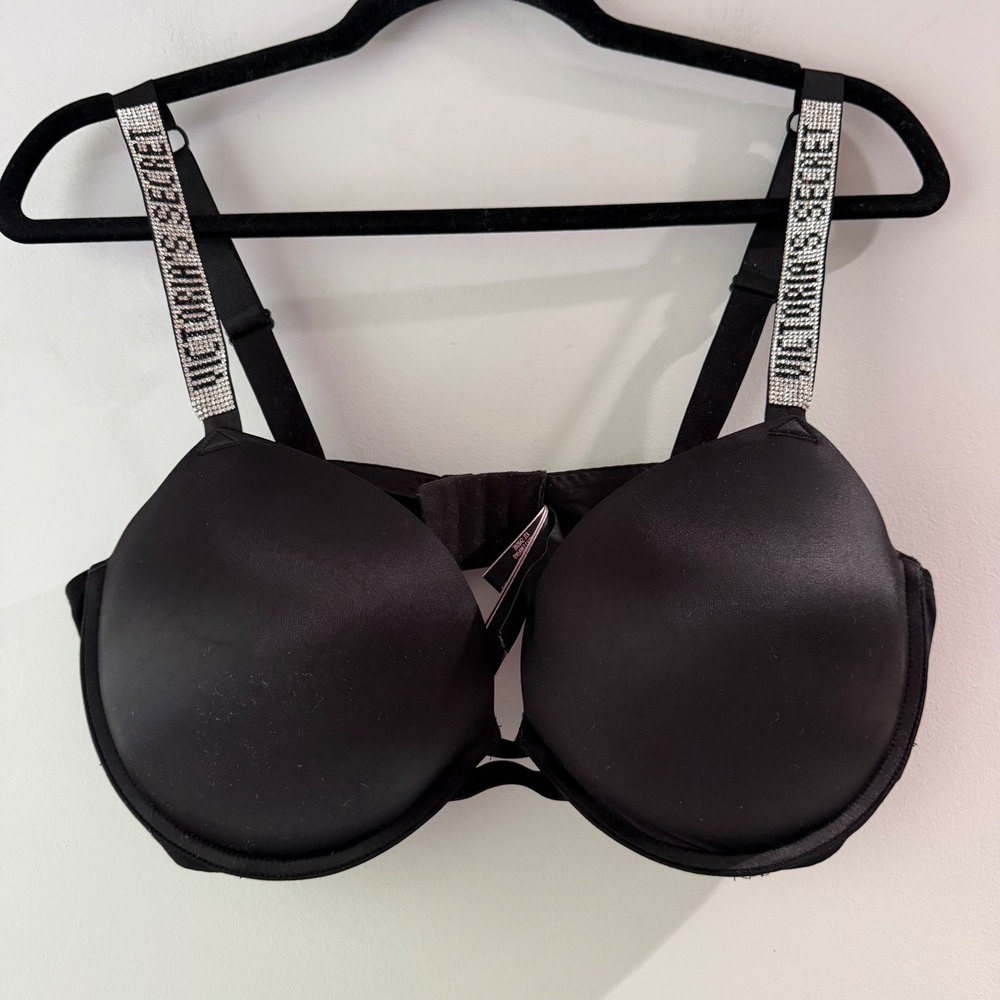 Victoria's Secret Push Up Bra Women 38DD Black Excellent Rhinestone Logo Strap